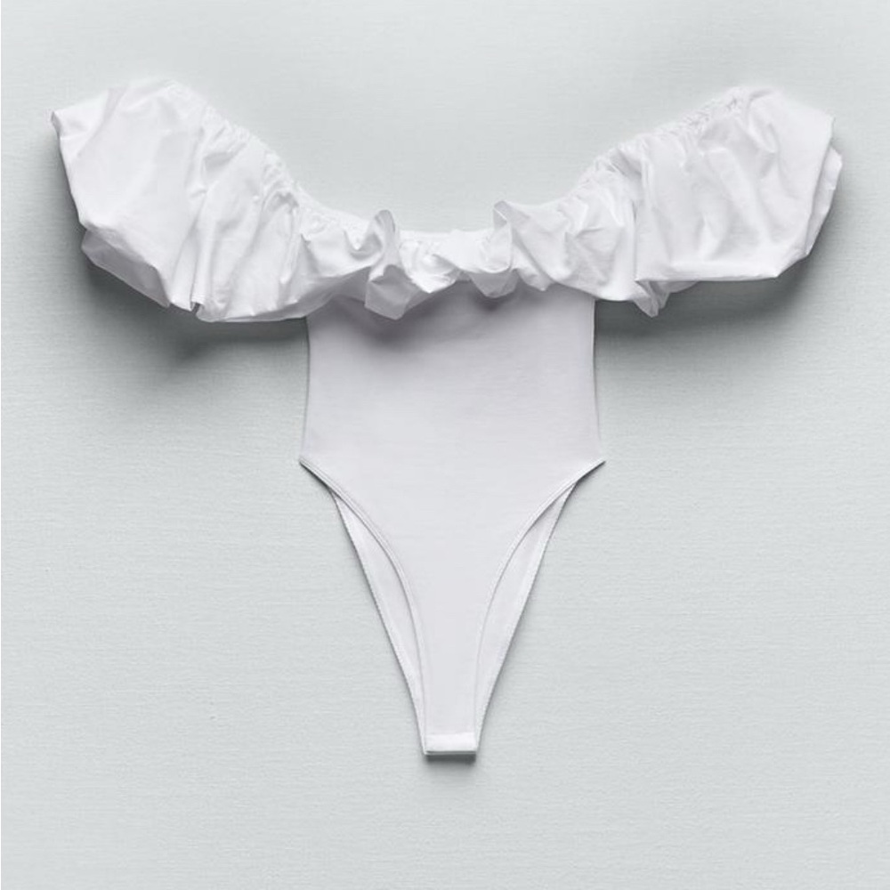 Zara White Ruffled Off-Shoulder Bodysuit